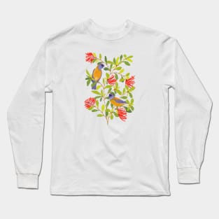 Colorful birds on floral branch Long Sleeve T-Shirt